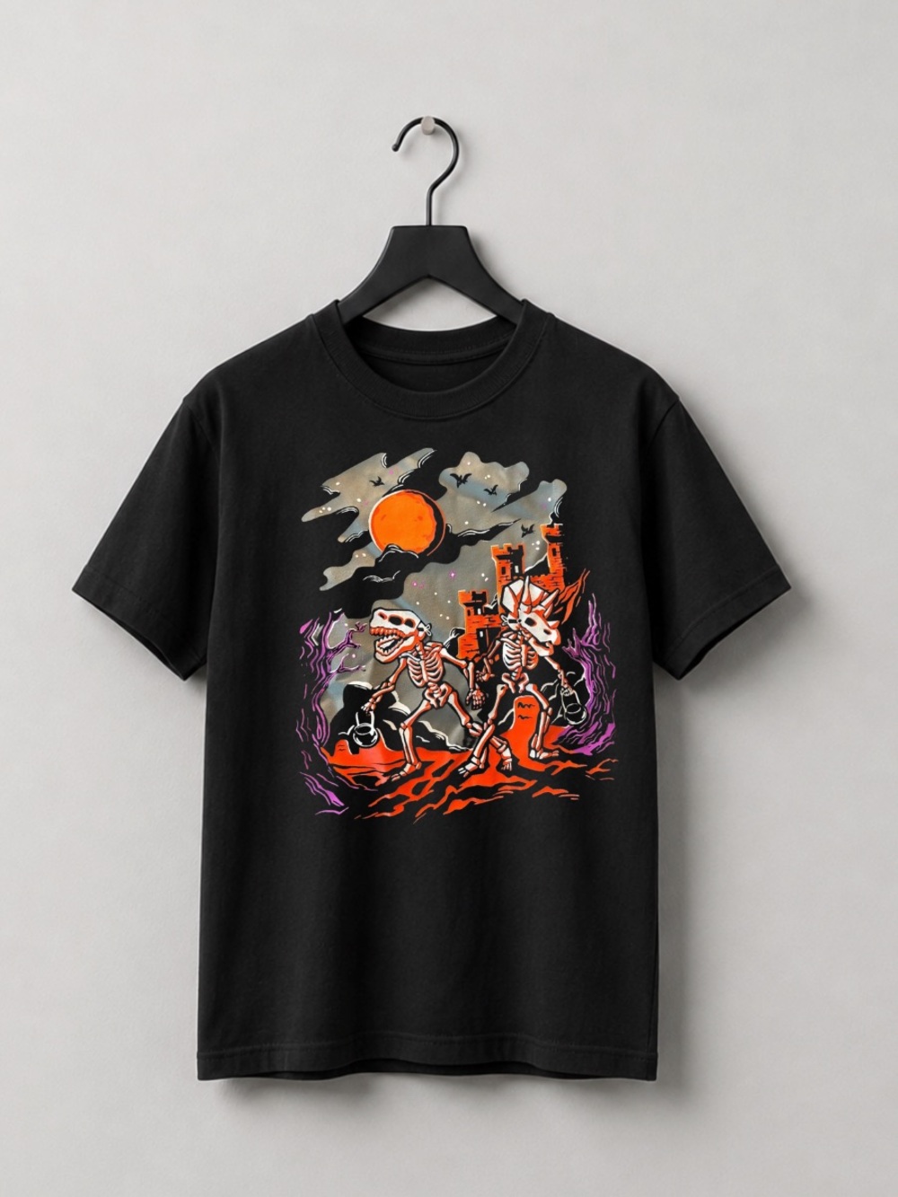 Black Short‑Sleeve Tee with Orange & Purple Skeleton Graphic